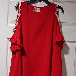 Red Cold Shoulder Blouse with Pearls on the Sleeves